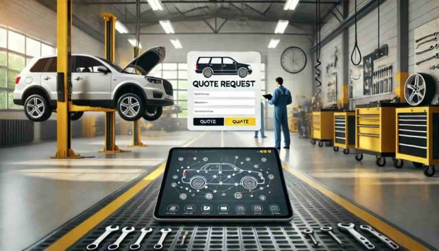 A professional automotive repair shop with a mechanic working on a car in the background, and a digital tablet in the foreground displaying a vehicle service quote form. The shop is clean and modern, featuring yellow and black colors with tools organized on the walls and bright lighting.